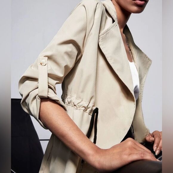 Lapel collar roll tab drawstring waist trench coat with pockets size large - Picture 3 of 11